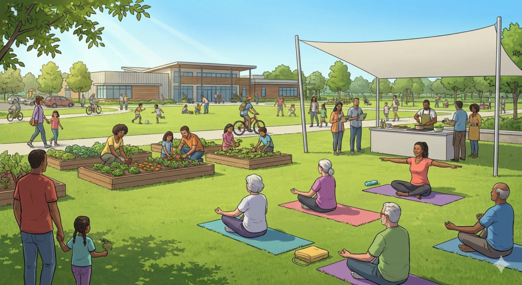 grafika przedstawiająca seniorów ćwiczących w parku