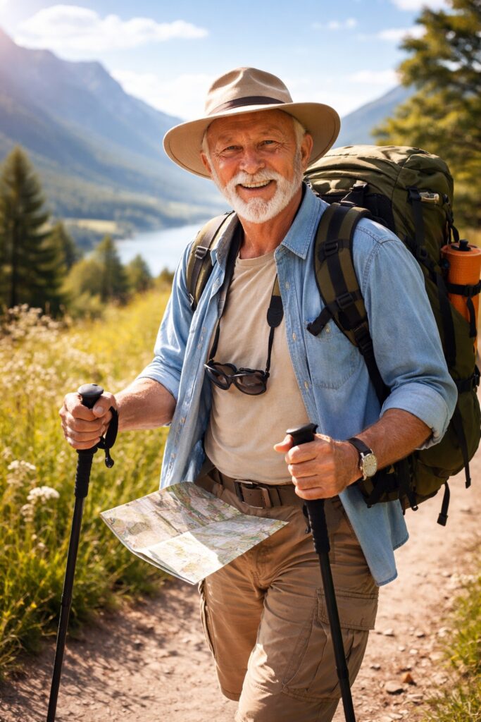 obraz przedstawiający turystę seniora w górach